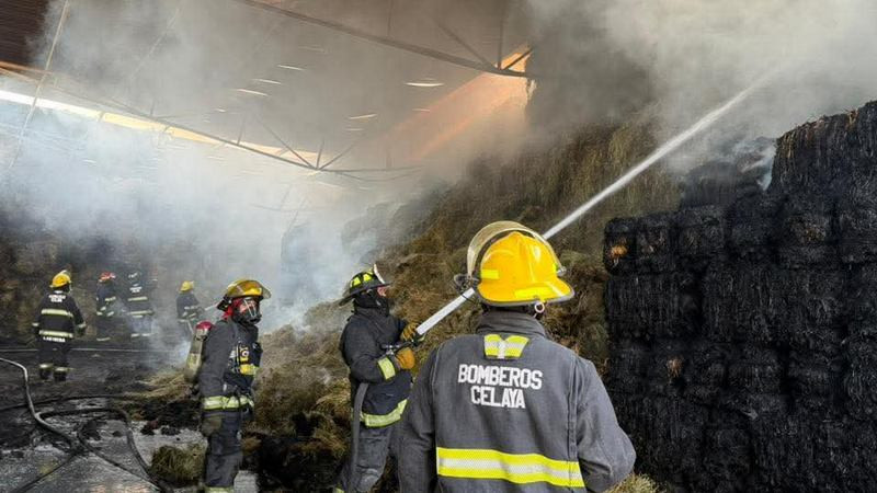 Pérdida total de la bodega y 30 mil pacas consumidas en incendio en San Miguel Octopan, Guanajuato