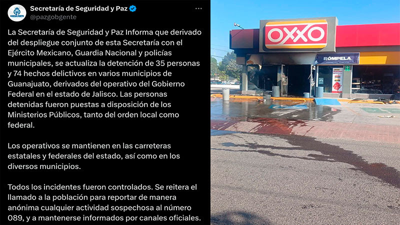 Guanajuato registra 74 hechos violentos y 35 detenidos tras jornada de ataques 